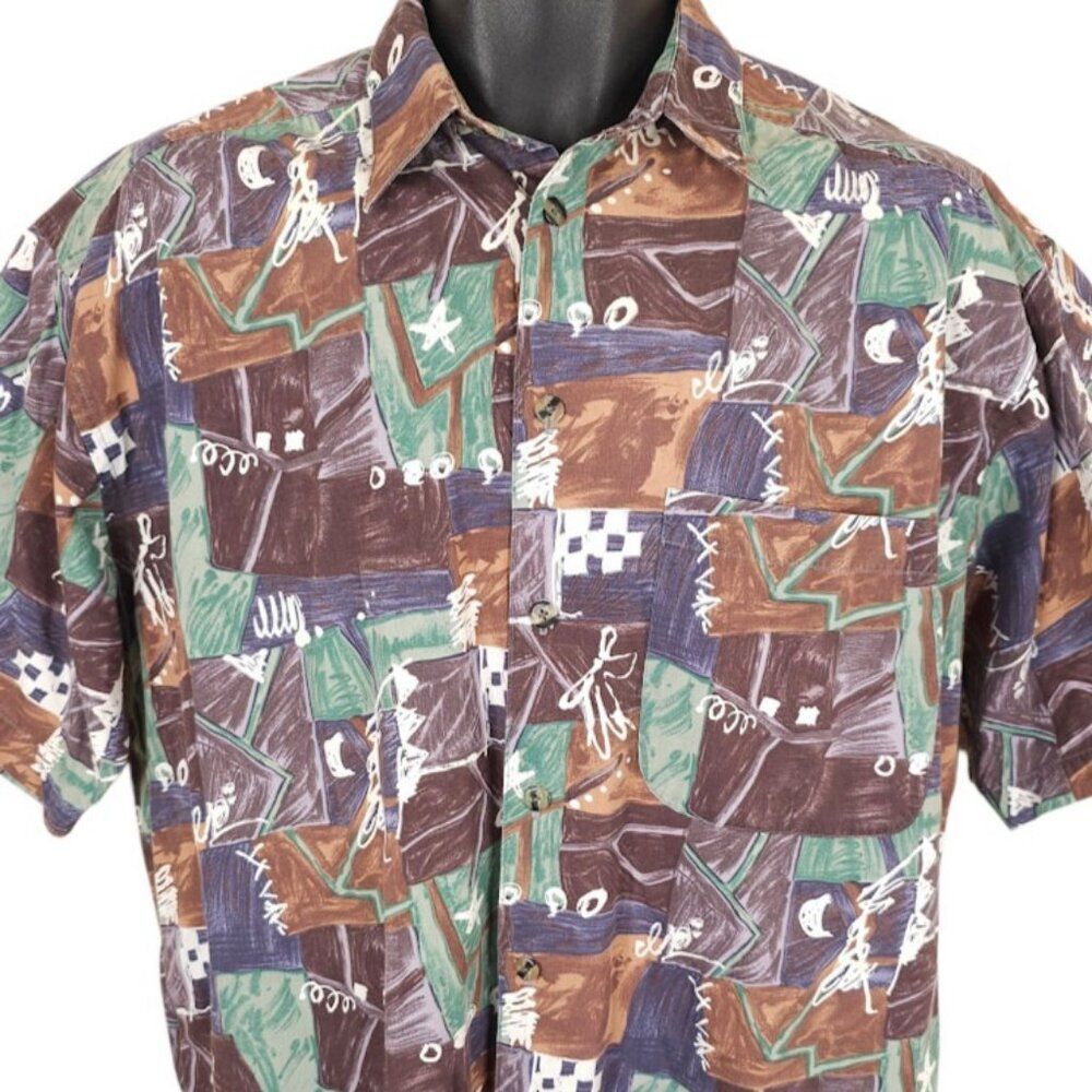 Vintage Abstract Camp Shirt Mens Size Medium 90s All Over Print Relaxed Fit